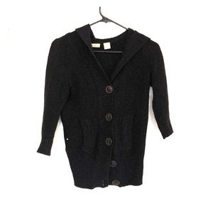 3/4 length black cable knit sweater with hoodie